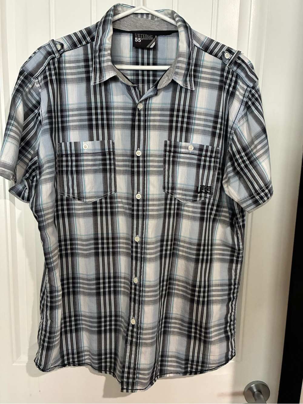Vintage 55 Men’s Short Sleeve Plaid Button-Down Shirt in Black, White & Teal
